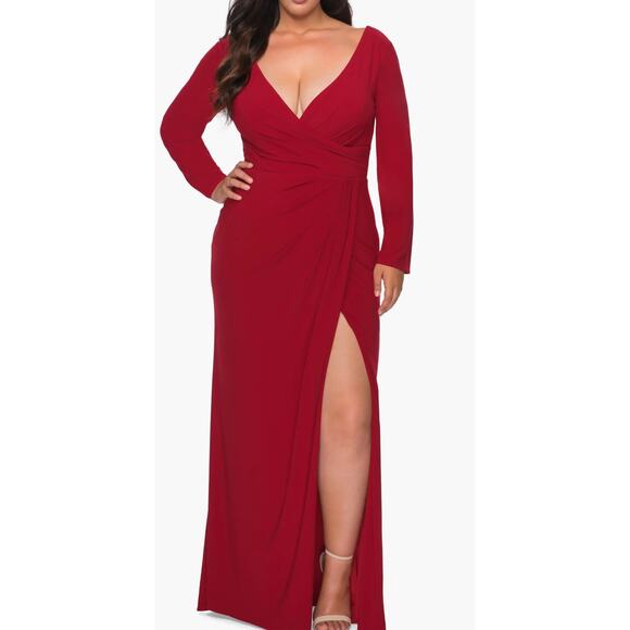La Femme 29044 Long Sleeve Curvy Faux Wrap Jersey Gown in Red.  Size 14. NWOT - Picture 1 of 8
